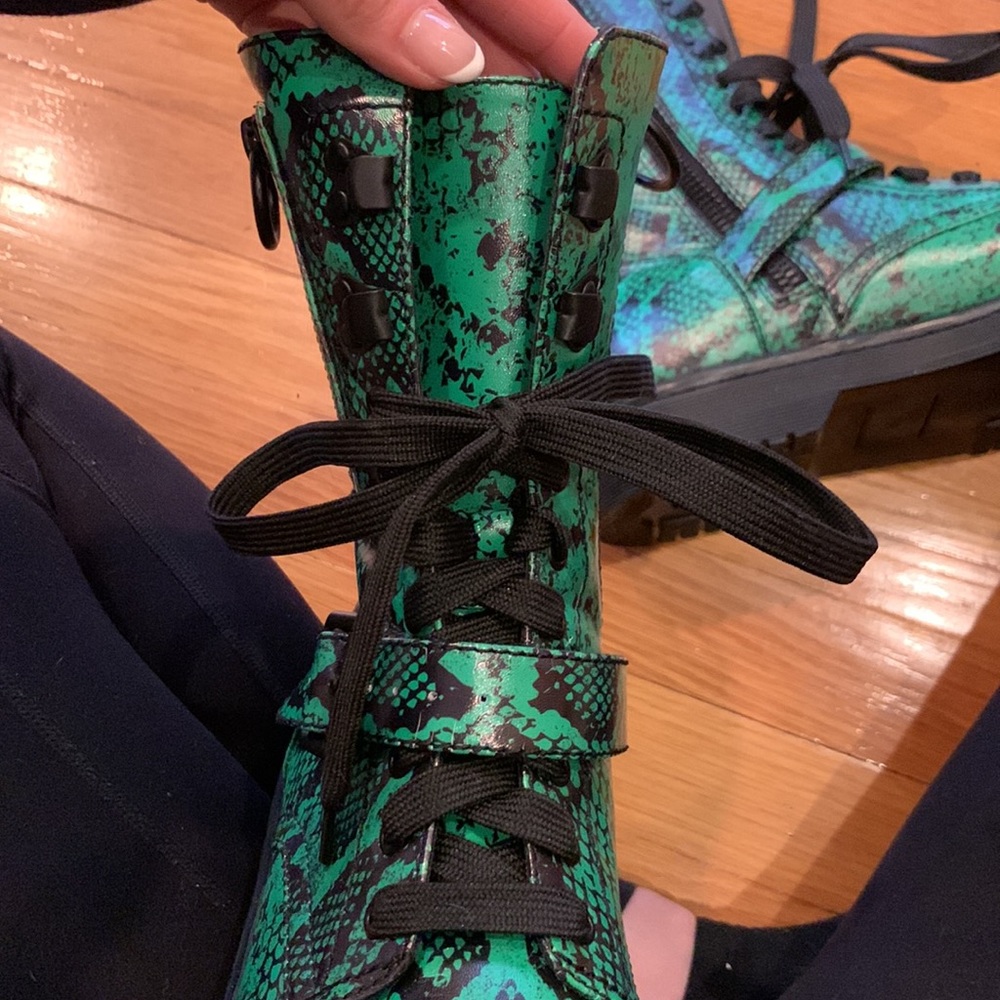 Current Mood Clothing Green Combat Boots Snakeskin Biker Moto Shoes Dolls Kill - Picture 6 of 13